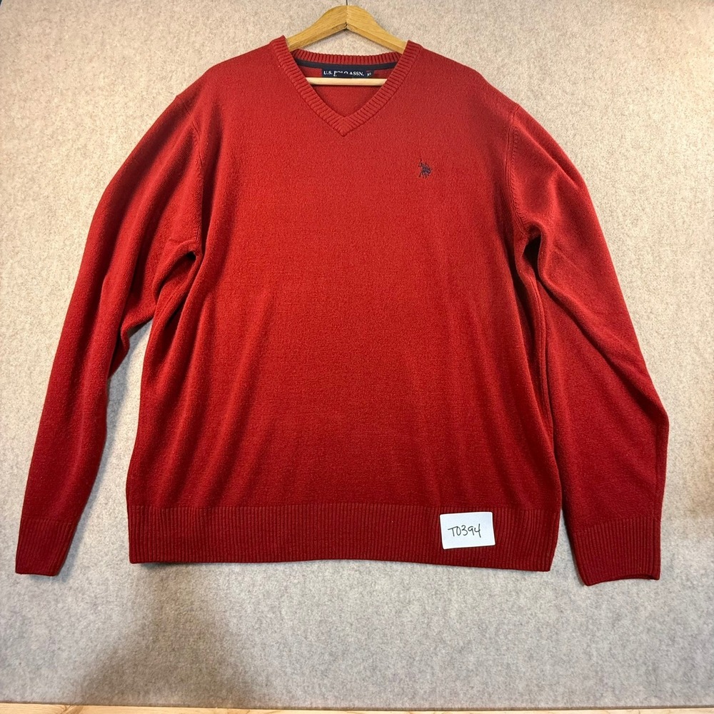 US Polo Assn Mens XL Red V-Neck‎ Sweater Long Sleeve Embroidered Logo Knit
